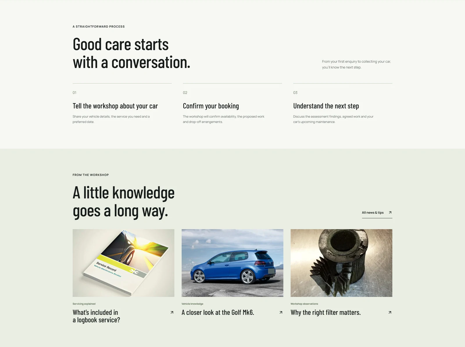 Sage panels and tall headings connect the booking process with the workshop's own articles. Names and contact details removed.