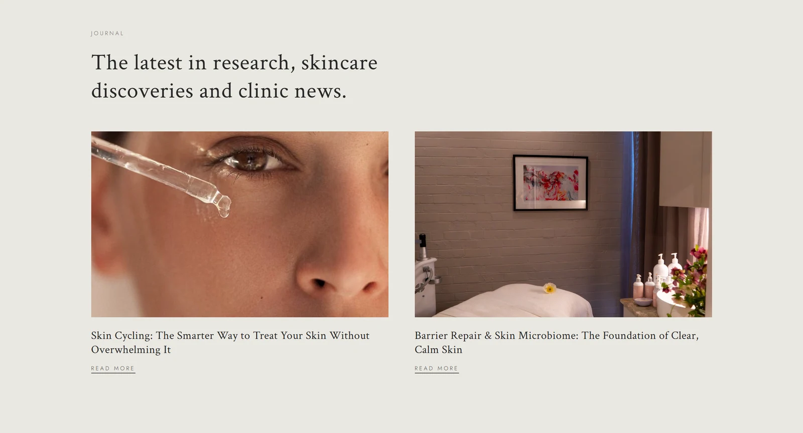 Refined serif type and image-led articles give skincare advice an editorial feel. Names and contact details removed.