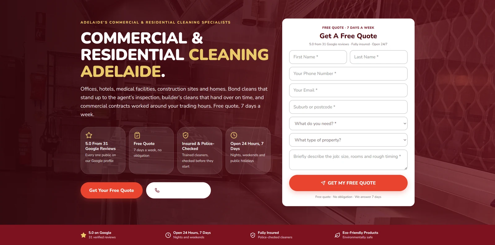 High-contrast colour and a form above the fold for a local service people need quickly. Names and contact details removed.