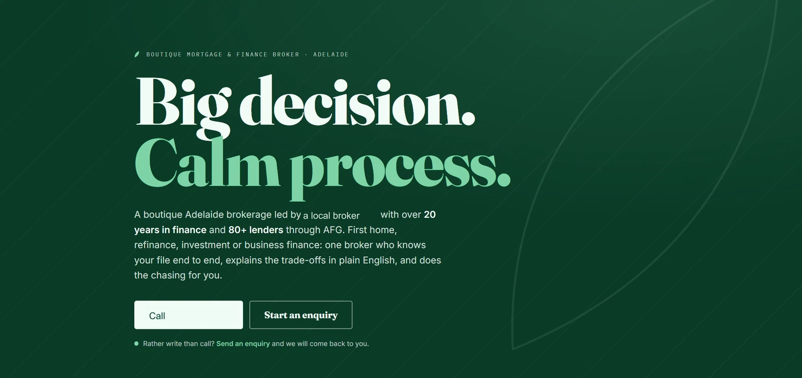 A strong green palette and editorial headings give a finance service a confident voice. Names and contact details removed.