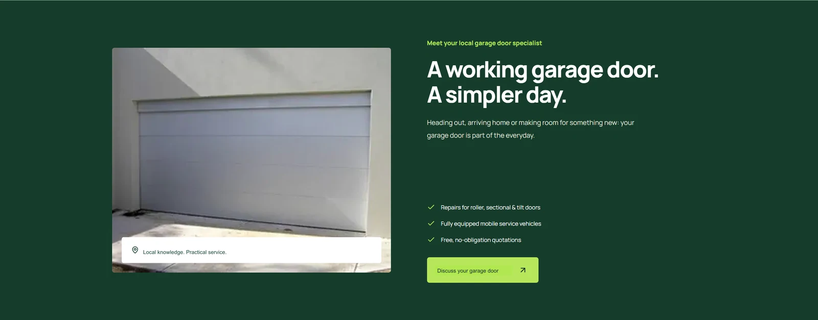 Deep green, bright lime and big service photos keep practical information in focus. Names and contact details removed.