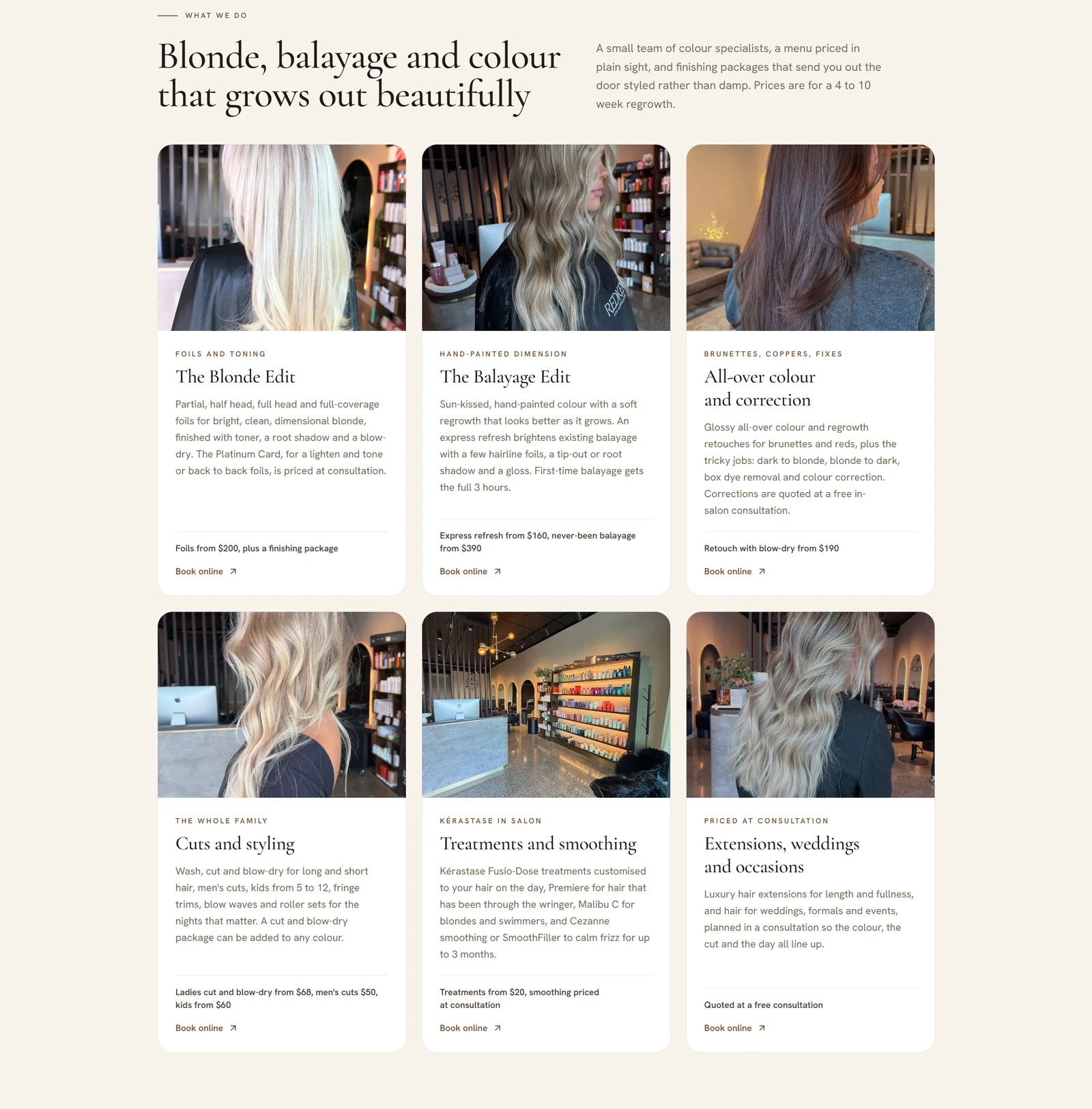 Warm neutrals and expressive headings, with the photography doing the selling. Names and contact details removed.