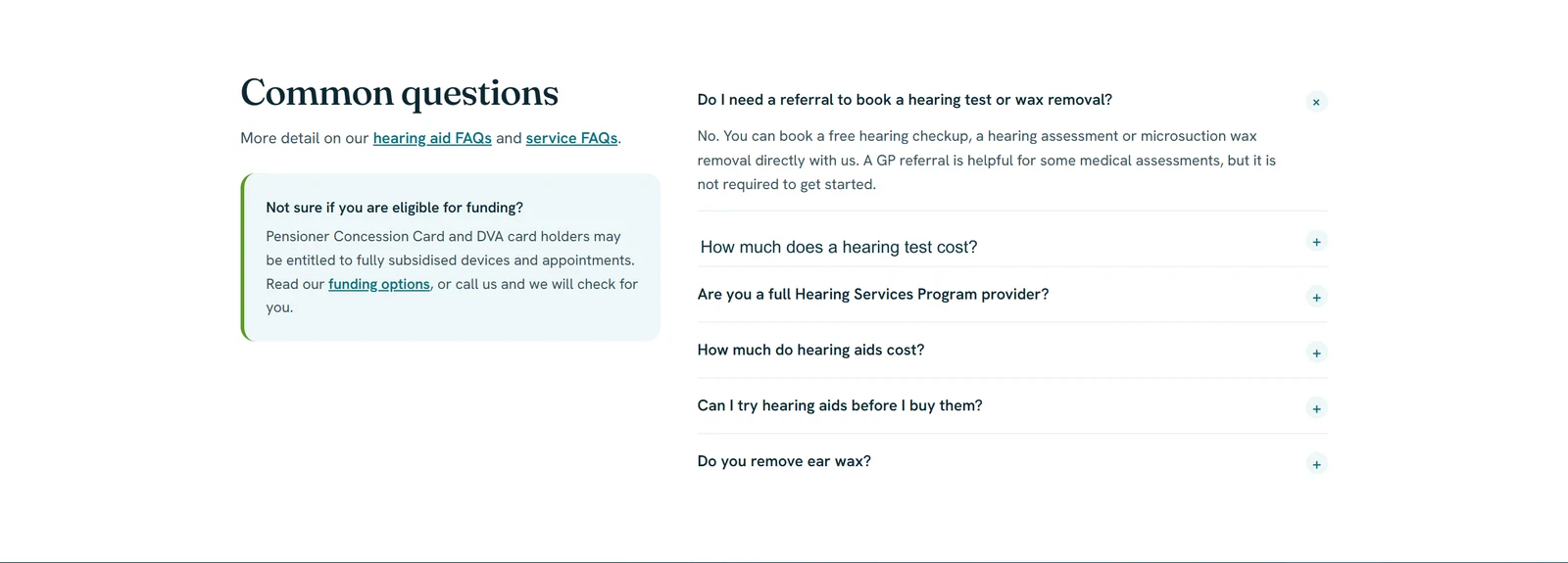 Teal, generous spacing and a clear question-and-answer layout for a specialist service. Names and contact details removed.