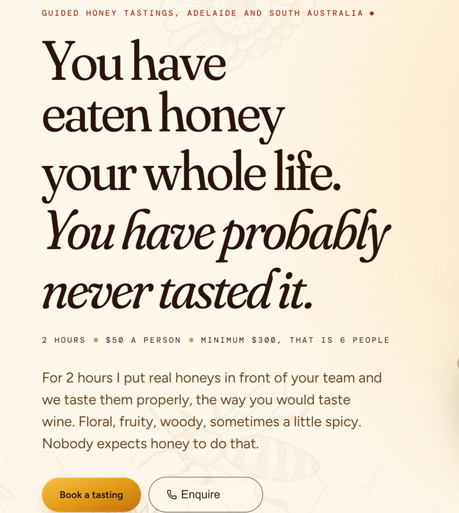 Honey-gold colour and illustrated details set the tone for a tasting experience. Names and contact details removed.