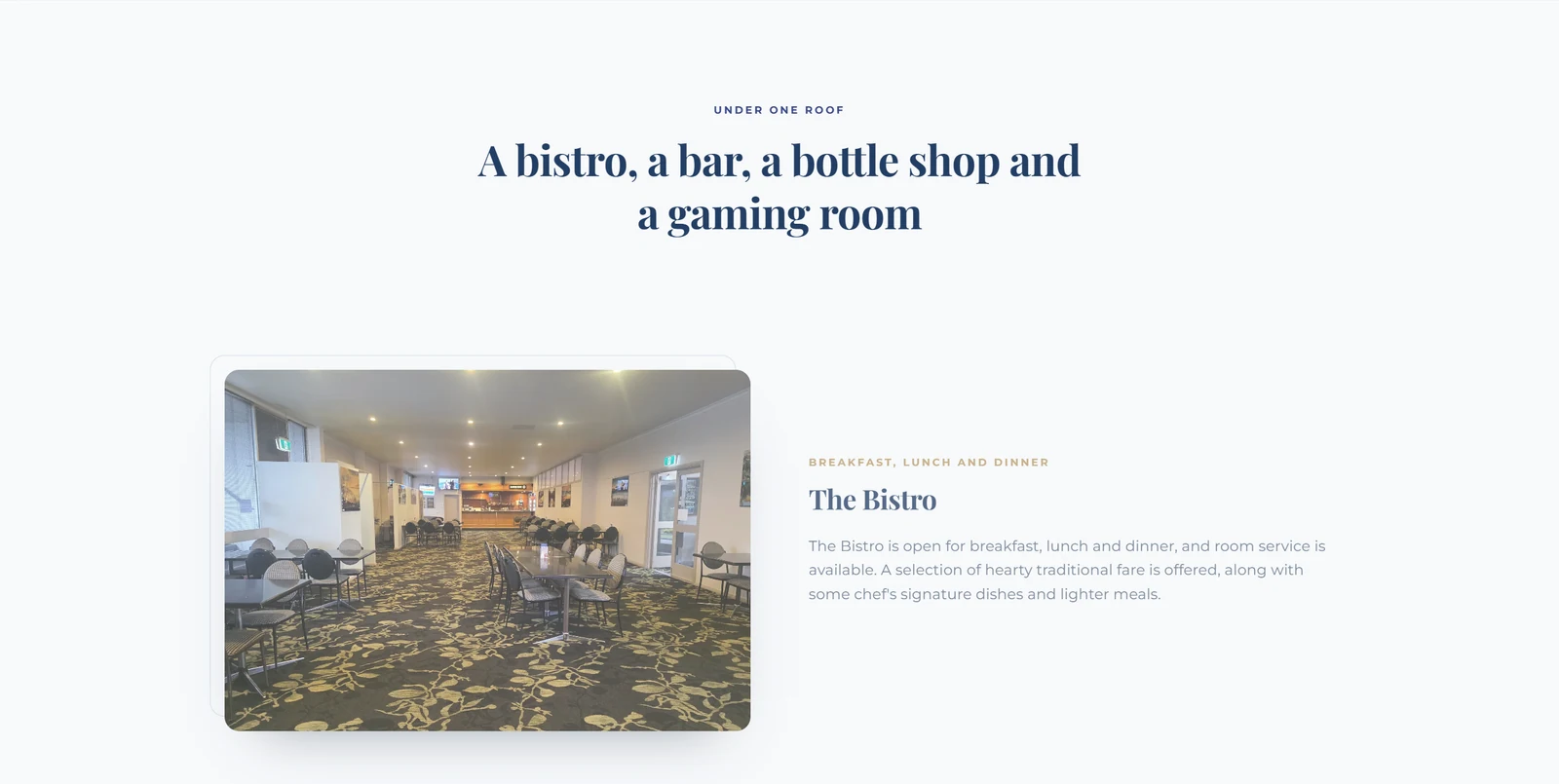 Muted blue, serif headings and generous venue photography. Names and contact details removed.