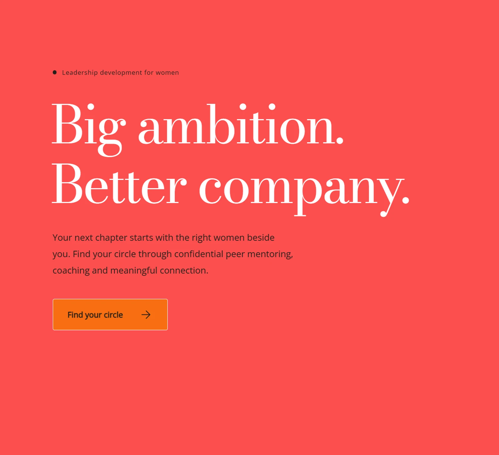 Coral colour and expressive serif headings introduce a leadership programme. Names and contact details removed.