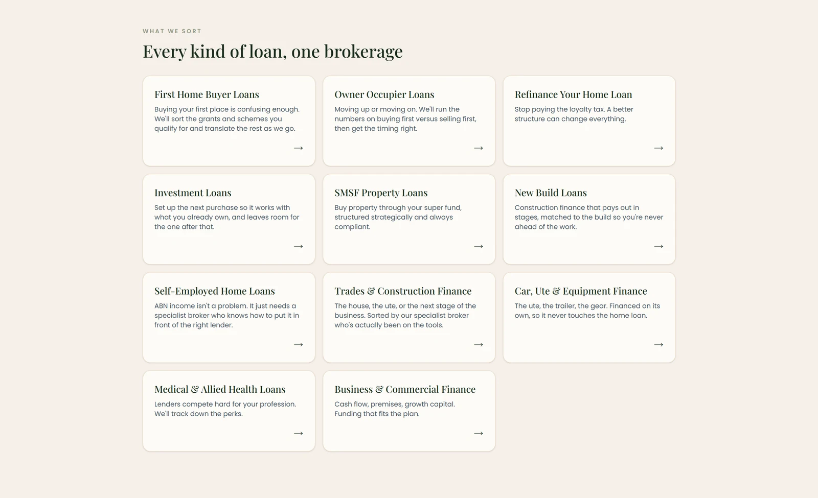 Warm ivory and serif headings organise a long list of lending services into something readable. Names and contact details removed.