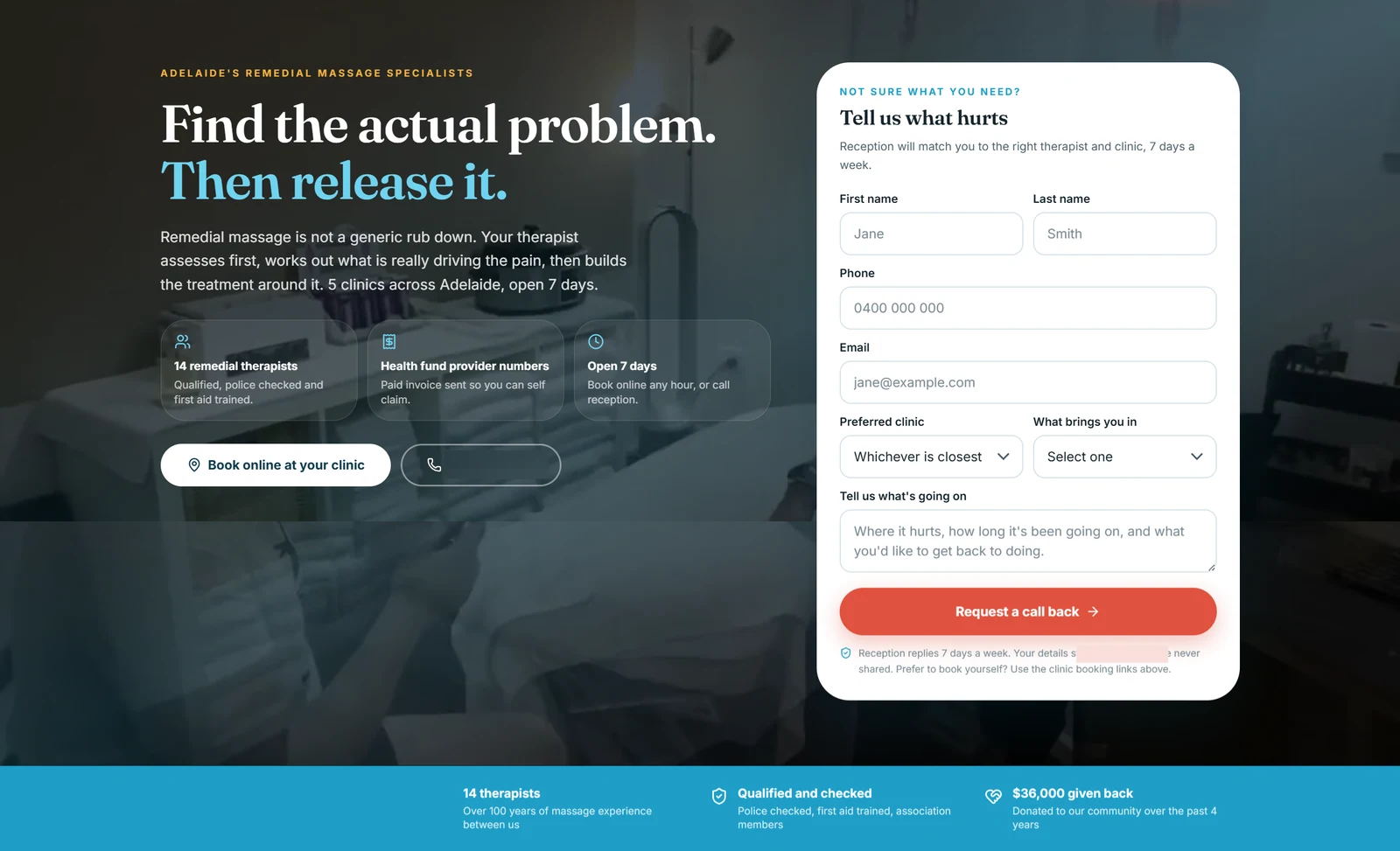 A blue palette, a plain-English service introduction and a structured booking form. Names and contact details removed.