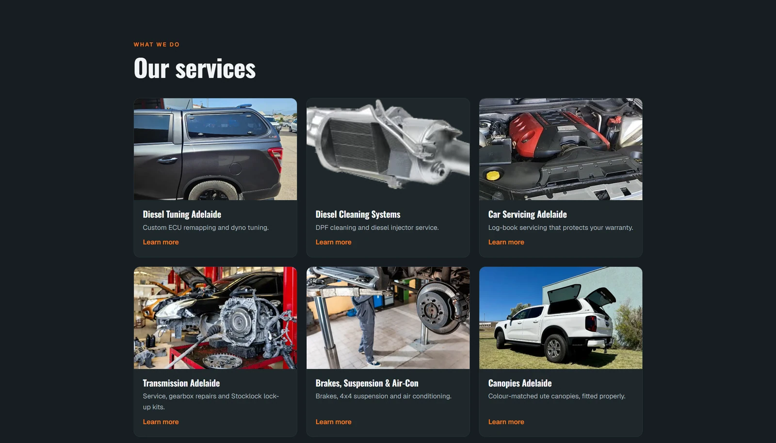 Orange accents and a dark service grid bring a workshop's services into focus. Names and contact details removed.
