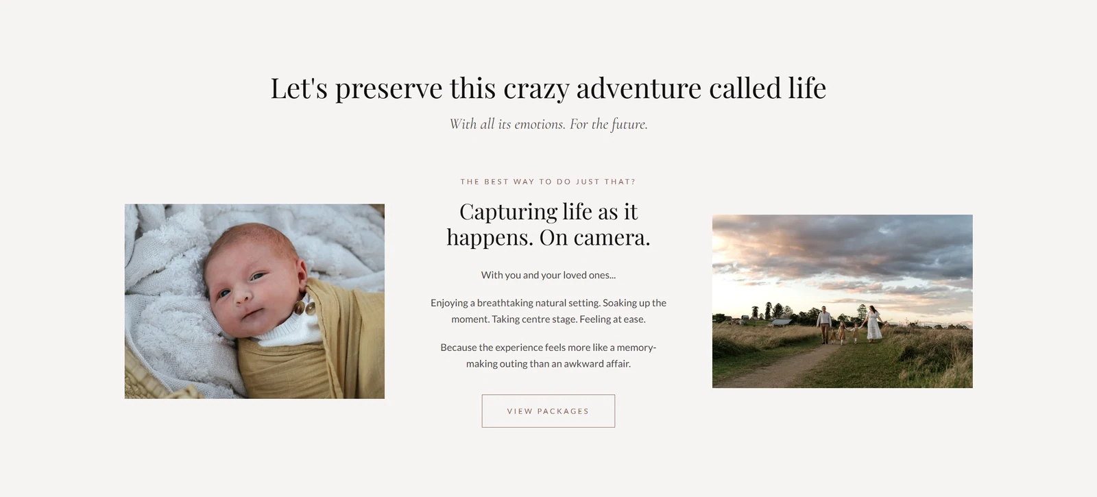 Personal photography, warm colour and expressive headings in a flowing layout. Names and contact details removed.