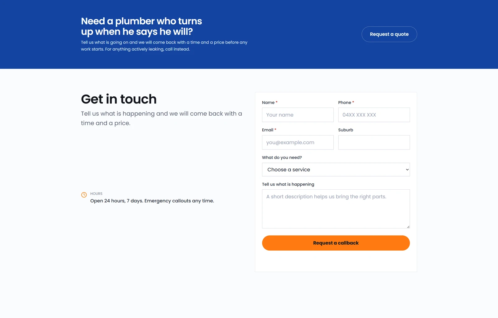 Cobalt and orange around a short enquiry form, with the callback option impossible to miss. Names and contact details removed.