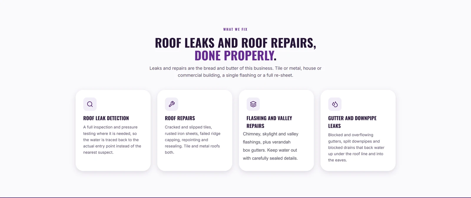 Purple, condensed headings and compact service panels make a technical offer easy to browse. Names and contact details removed.