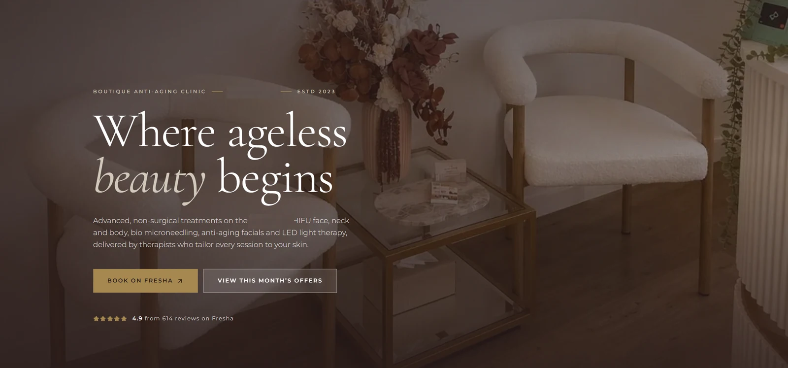 Soft photography and elegant type invite visitors to read on before they book. Names and contact details removed.
