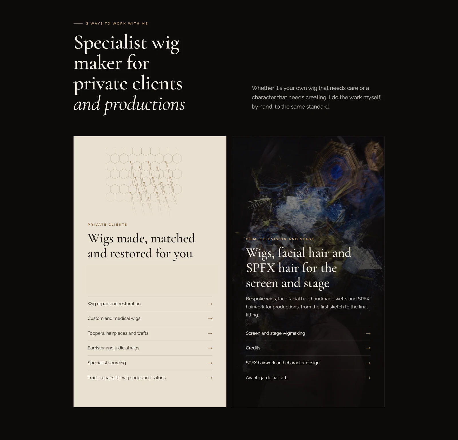 Dark surfaces, paper tones and contrasting serif type for a specialist craft. Names and contact details removed.